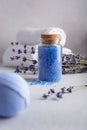 Homemade lavender bath salt in glass jar and bath ball Royalty Free Stock Photo