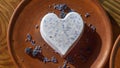 Homemade lavender ice cream in in the shape of a heart in rural clay plate decoration blueberry. Creamy vegan lavender