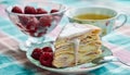 Homemade layer cake with raspberry vanilla custard dripping decorated with frozen berry