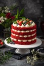 Homemade layered Red Velvet cake, dark background