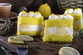 Homemade lemon cheesecake, Delicious pie, dessert on dark background.biscuit and soft souffle Royalty Free Stock Photo