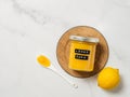 Homemade lemon curd in jar, top view, vertical Royalty Free Stock Photo