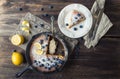 Homemade lemon pie in iron skillet Royalty Free Stock Photo