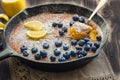 Homemade lemon pie in iron skillet Royalty Free Stock Photo