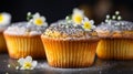 Homemade lemon poppy seed muffins on blurred background with text space for creative placement