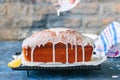 Homemade lemon poppy seed pound cake on a wire rack. Blue stone Royalty Free Stock Photo