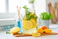 homemade lemonade in a glass jar with sliced lemons and mint Royalty Free Stock Photo