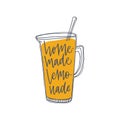 Homemade Lemonade inscription or phrase handwritten with elegant cursive calligraphic font on jug or pitcher. Fresh