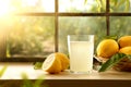 Homemade lemonade on kitchen with window and orchard outside Royalty Free Stock Photo