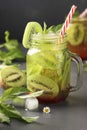 Homemade lemonade with kiwi, lemon and mint in a transparent glass against a dark background, vertical format Royalty Free Stock Photo