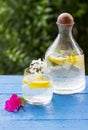 Homemade lemonade with lemon and ice cubes in a glass pitcher on the blue wood table with white and pink flowers Royalty Free Stock Photo