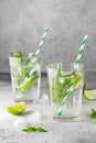 Homemade lemonade with lime, mint in a glass on a gray concrete background. Healthy Fresh Mint Water with Lime and ice Royalty Free Stock Photo