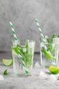 Homemade lemonade with lime, mint in a glass on a gray concrete background. Healthy Fresh Mint Water with Lime and ice Royalty Free Stock Photo