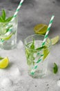 Homemade lemonade with lime, mint in a glass on a gray concrete background. Healthy Fresh Mint Water with Lime and ice Royalty Free Stock Photo