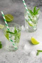 Homemade lemonade with lime, mint in a glass on a gray concrete background. Healthy Fresh Mint Water with Lime and ice Royalty Free Stock Photo