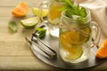 Homemade lemonade with lime, mint in a mason jar on a wooden rustic table. Summer drinks Royalty Free Stock Photo