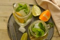 Homemade lemonade with lime, mint in a mason jar on a wooden rustic table. Summer drinks