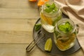 Homemade lemonade with lime, mint in a mason jar on a wooden rustic table. Summer drinks. Copy space Royalty Free Stock Photo