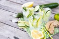 Homemade Lemonade with Lime, Rosemary, Ginger, Cucumber and Ice Royalty Free Stock Photo