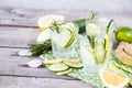 Homemade Lemonade with Lime, Rosemary, Ginger, Cucumber and Ice Royalty Free Stock Photo