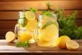 Homemade lemonade in mason jars with ice and fresh lemon slices, a refreshing summer drink Royalty Free Stock Photo