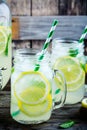 Homemade lemonade with mint, ice, and fresh lemon slices in mason jar Royalty Free Stock Photo