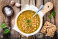 Homemade lentil soup with crispbread and parsley Royalty Free Stock Photo