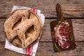 Homemade lepinja bread and appetizer on wooden background Royalty Free Stock Photo