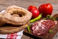 Homemade lepinja bread and appetizer on wooden background Royalty Free Stock Photo