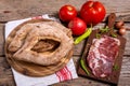 Homemade lepinja bread and appetizer on wooden background Royalty Free Stock Photo