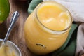Homemade lime curd in glass jar