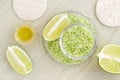 Homemade lime scrub with lime zest and juice, sea salt and olive oil. DIY beauty treatments and spa recipe.