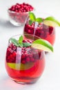 Homemade lingonberry and lime punch or limeade in glass and pitcher on gray background, vertical Royalty Free Stock Photo