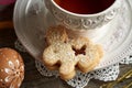 Homemade Linzer cookie in the shape of Easter bunny and a cup of tea