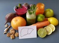 Liver detox juices in glass jars with ingredients and a liver drawing. Healthy smoothies for healthy liver. Liver detox super food Royalty Free Stock Photo