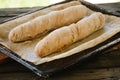 Homemade loafs of bread on rustic tray.