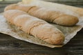 Homemade loafs of bread on rustic tray.