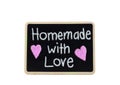 Homemade with love, written on a black chalkboard with wooden frame