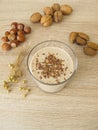 Homemade protein shake with nut flour and flaxseeds