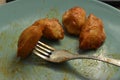 Homemade lunch: fried potatoes, dumplings.