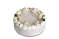 Homemade Lychee cake on white isolated background with clipping paths. Plain sponge cake frosting with young pudding sauce.