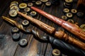 Homemade magic wands and wooden runes