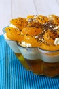 Homemade mandarin orange trifle decorated with mandarin segments and grated chocolate