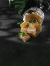 Homemade from mango and passionfruit jelly candies in sugar with mint. Homemade marmalade candy Royalty Free Stock Photo