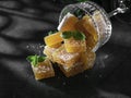Homemade from mango and passionfruit jelly candies in sugar with mint. Homemade marmalade candy Royalty Free Stock Photo