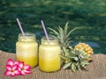 Homemade mango and pineapple smoothie made with coconut milk in two glass mug near swimming pool, close up. Refreshing tropical fr Royalty Free Stock Photo