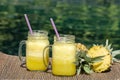 Homemade mango and pineapple smoothie made with coconut milk in two glass mug near swimming pool, close up. Refreshing tropical fr Royalty Free Stock Photo