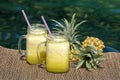 Homemade mango and pineapple smoothie made with coconut milk in two glass mug near swimming pool, close up. Refreshing tropical fr Royalty Free Stock Photo