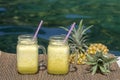 Homemade mango and pineapple smoothie made with coconut milk in two glass mug near swimming pool, close up. Refreshing tropical fr Royalty Free Stock Photo