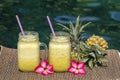 Homemade mango and pineapple smoothie made with coconut milk in two glass mug near swimming pool, close up. Refreshing tropical fr Royalty Free Stock Photo